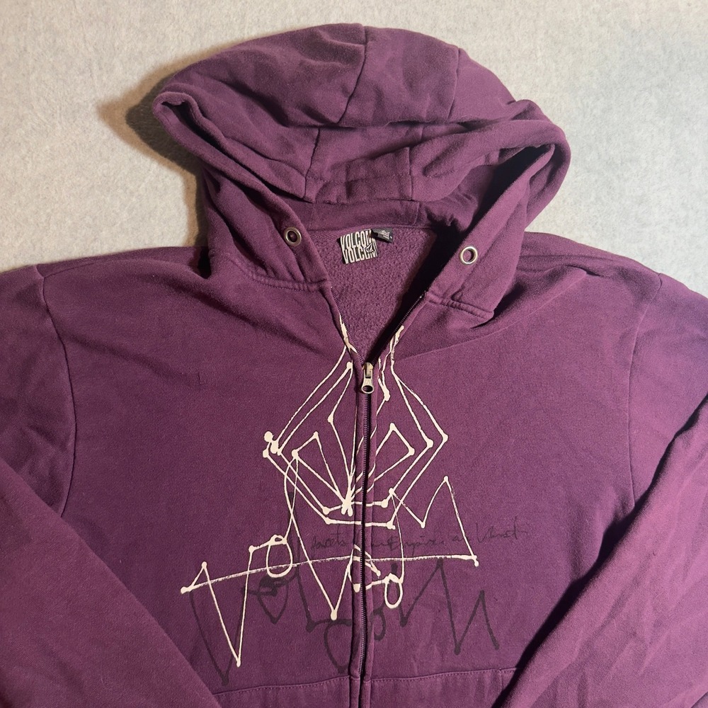 Volcom Full Zip Hoodie Mens Medium Purple Abstract Doodle Skate Sweatshirt Y2K
